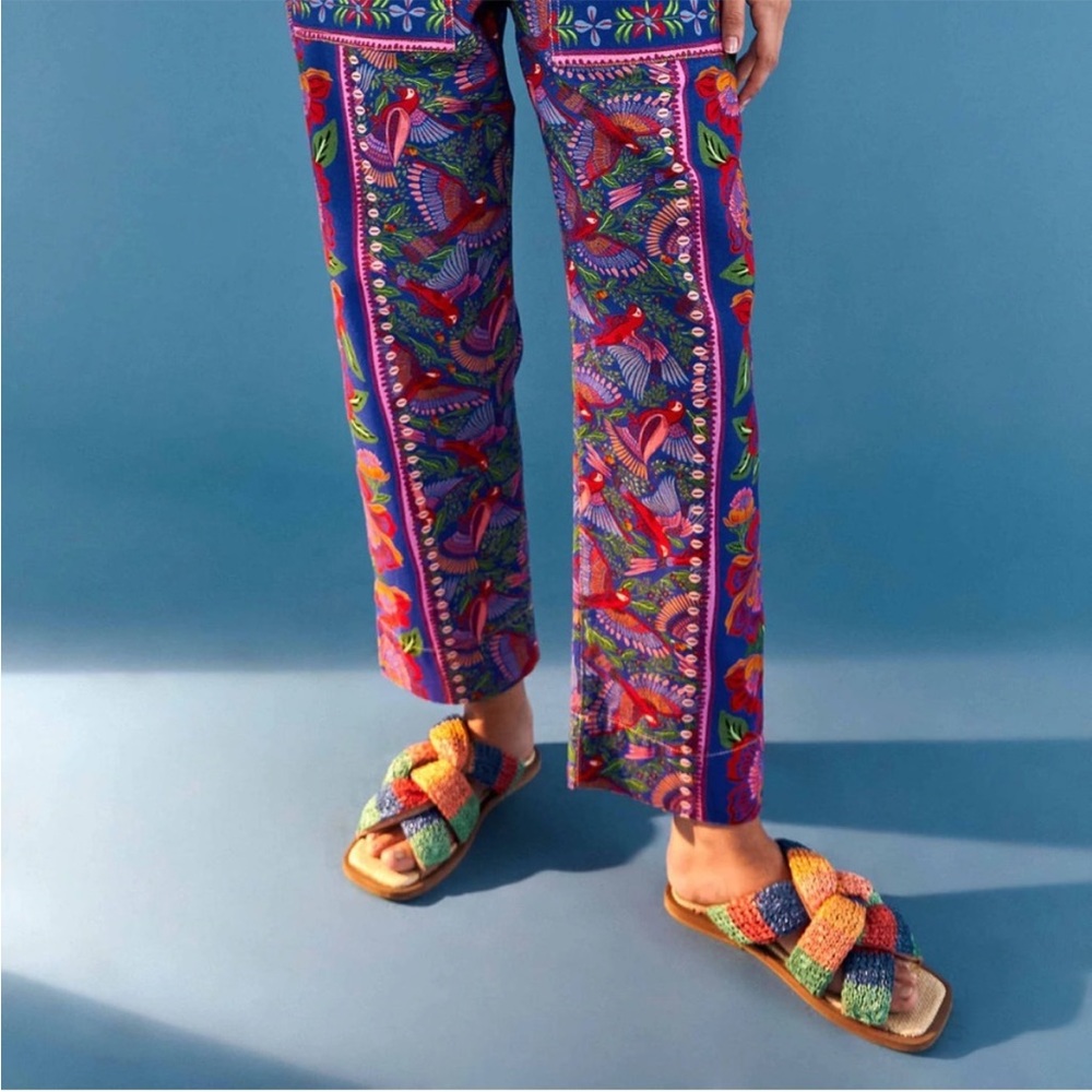 FARM Rio Macaw Print High Waist Belted Pants 100% Cotton Colorful Tropical Patte - Picture 3 of 16